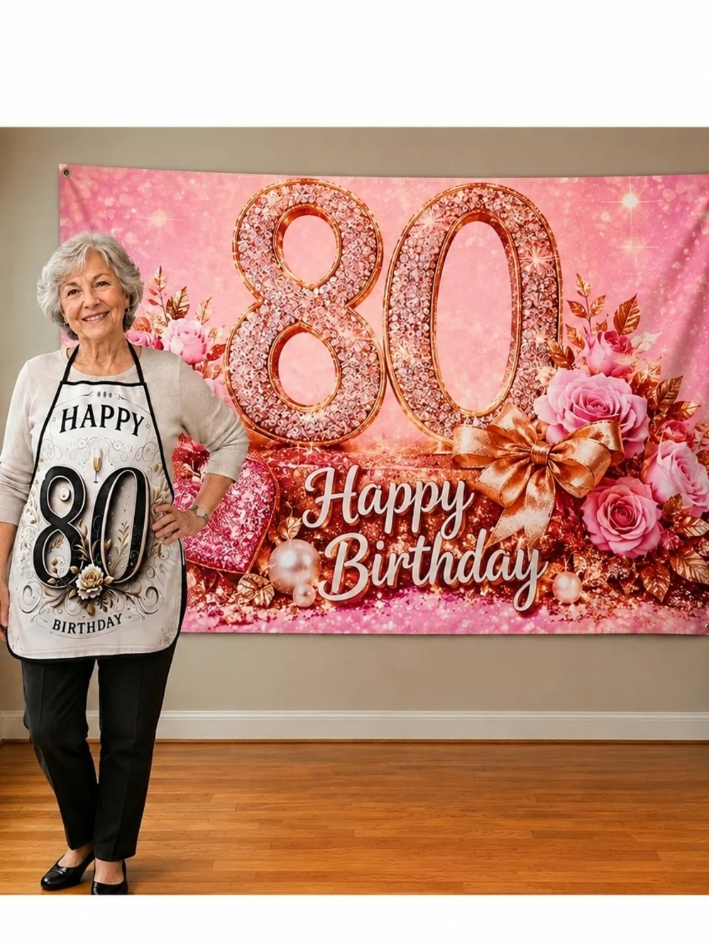 80th Birthday Pink Floral Banner & Apron Set - Happy Birthday